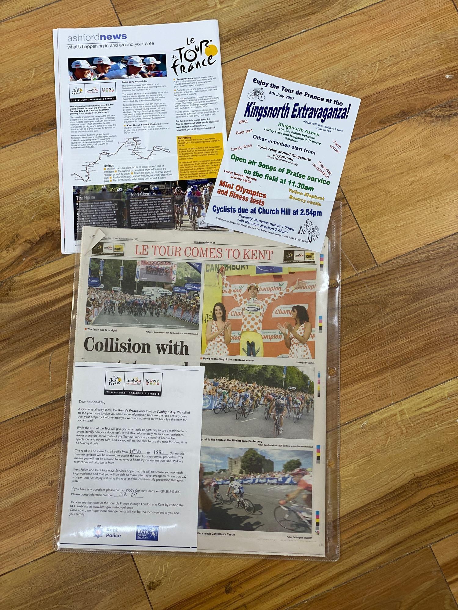 Tour de France Interest (UK), Sunday 8 July 2007, including road signs and printed ephemera